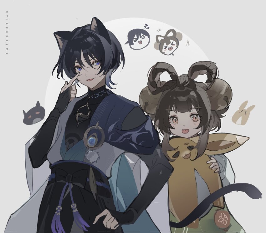 1boy 1girl :p akanbe animal_ears bell belt black_belt black_bodysuit black_bow black_bridal_gauntlets black_hair black_shorts blue_cape blue_gemstone blue_kimono blunt_bangs blunt_ends bodysuit bow bow-shaped_hair bridal_gauntlets brown_hair cape cat_boy cat_ears cat_tail clover_hair_ornament colored_inner_hair eyelid_pull eyeliner eyeshadow feathers finger_to_eye furisode gem genshin_impact gold green_skirt grey_background hair_bell hair_ornament han&#039;eri hand_on_own_hip hand_up highres holding holding_stuffed_toy japanese_clothes jingle_bell kimono layered_kimono long_sleeves makeup multicolored_hair open_clothes open_kimono pom_pom_(clothes) purple_eyes purple_hair purple_rope red_eyeliner red_eyeshadow rope scaramouche_(genshin_impact) short_hair short_hair_with_long_locks shorts sidelocks skirt spoken_character stuffed_toy tail tassel tongue tongue_out turtleneck turtleneck_bodysuit vidoakdame wanderer_(genshin_impact) white_kimono white_sleeves yaoyao_(genshin_impact) yellow_eyes yellow_feathers yuegui_(genshin_impact)