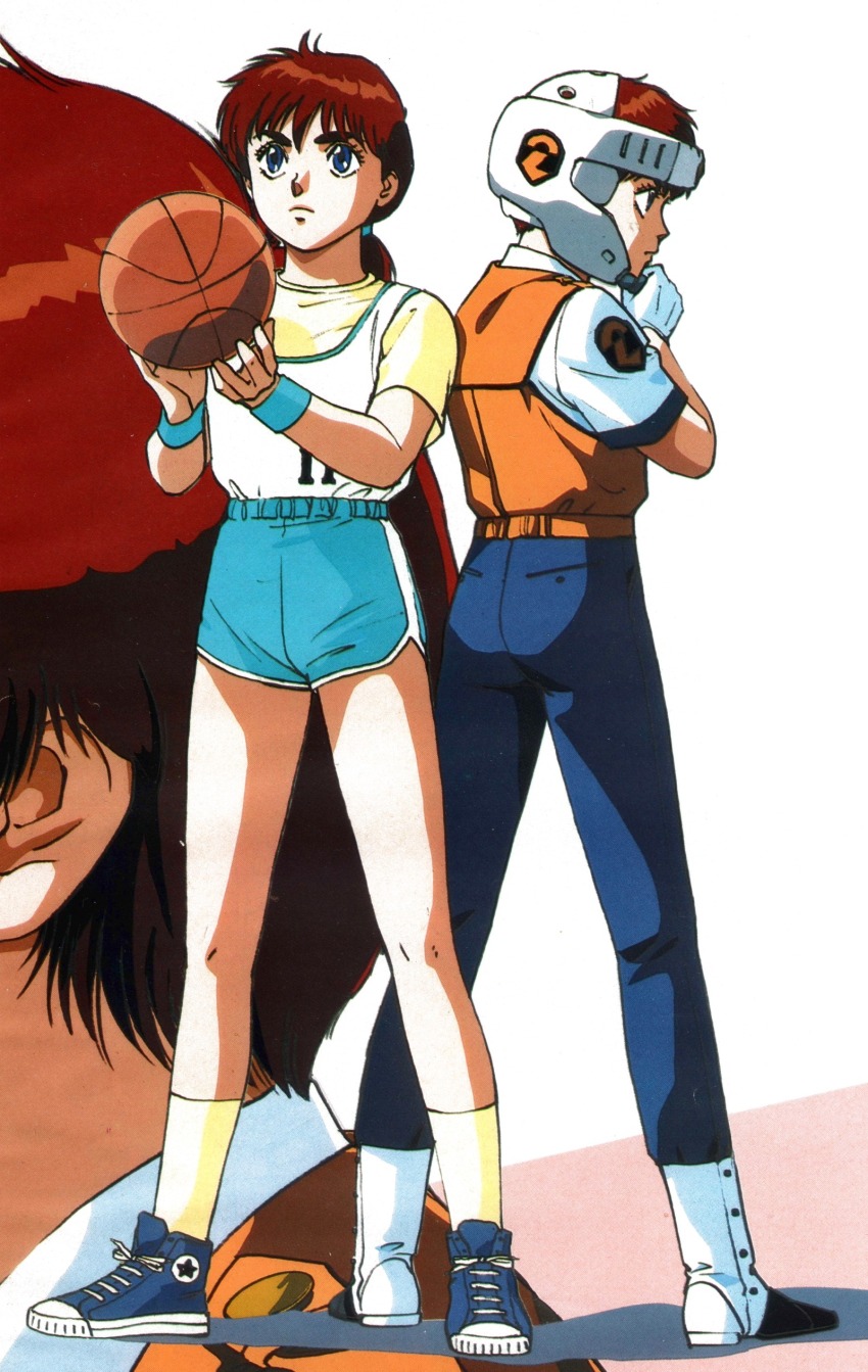 1990s_(style) 1girl absurdres animage ass ball basketball_(object) boots commentary dual_persona english_commentary gloves headgear highres holding izumi_noa kidou_keisatsu_patlabor magazine_scan multiple_persona police police_uniform policewoman red_hair retro_artstyle scan science_fiction shoes short_hair shorts sneakers takada_akemi traditional_media vest wristband