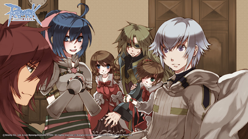 3boys 3girls ahoge airi_(ragnarok_online) armor arugoru aruna_(ragnarok_online) beard_stubble belt blue_eyes blue_hair blush bow bowtie breastplate brown_hair clock closed_mouth coat copyright_notice door facial_hair gauntlets goggles grandfather_clock green_belt green_eyes grey_coat grey_hoodie hair_between_eyes hair_bow highres hood hood_down hoodie indoors lala_(sputnik) logo long_hair looking_at_viewer lord_knight_(ragnarok_online) multiple_boys multiple_girls official_art official_wallpaper one_eye_closed open_mouth own_hands_together pauldrons pink_bow pink_skirt ragnarok_online red_bow red_bowtie red_shirt rufaku sabiku shirt short_hair shoulder_armor siblings sisters skirt smile spica_parfait stubble twins upper_body