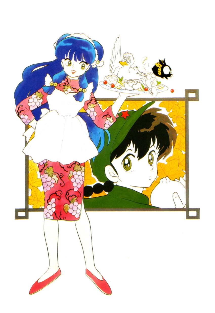 bird china_dress chinese_clothes double_bun dress duck dumpling food full_body green_eyes hair_bun highres lipstick makeup mousse_(ranma_1/2) official_art open_mouth p-chan pig ranma_1/2 red_footwear saotome_ranma shampoo_(ranma_1/2) standing takahashi_rumiko