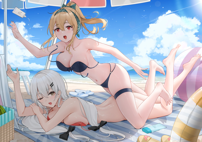 1girl 2girls absurdres artist_request ass ball barefoot basket beach beach_towel beach_umbrella beachball bikini bikini_top_only black_bikini blonde_hair blush bottle bow bowtie breasts cleavage cloud collarbone commission day falling feet food fruit girls&#039;_frontline green_hairband hair_bow hair_ornament hairband hairclip highres innertube large_breasts long_hair lotion lotion_bottle multi-strapped_bikini_bottom multiple_girls navel ocean outdoors pixiv_commission ponytail red_bikini red_eyes sand second-party_source shiny_skin sky soles sunscreen sv-98_(girls&#039;_frontline) svd_(girls&#039;_frontline) swim_ring swimsuit thighs towel tripping umbrella untied_bikini untied_bikini_top very_long_hair wardrobe_malfunction water watermelon white_hair