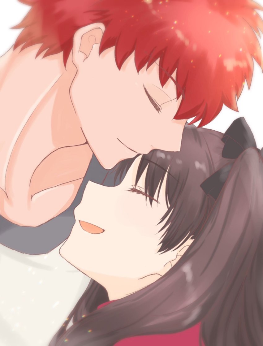 1boy 1girl black_hair emiya_shirou closed_eyes fate/stay_night fate_(series) hetero highres hug long_hair red_hair short_hair smile tohsaka_rin toutou_(fufu0o) twintails two_side_up