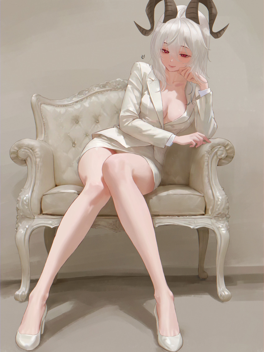 1girl absurdres alternate_costume bare_legs black_horns breasts character_name closed_mouth collarbone commentary curled_horns high_heels highres horns jacket knees_together_feet_apart legs long_hair looking_at_viewer medium_breasts rcade red_eyes sitting skirt smile solo suit_jacket toe_cleavage white_hair white_jacket white_skirt wuthering_waves zani_(wuthering_waves)