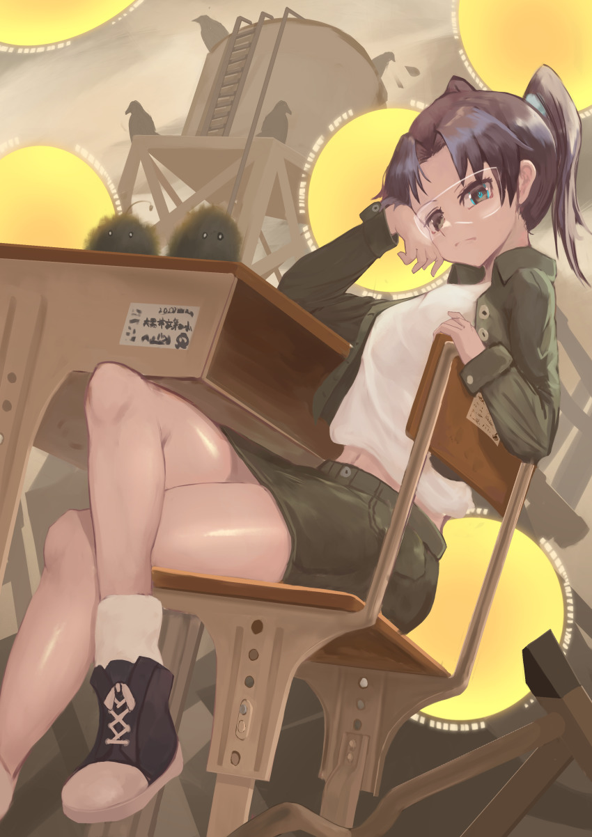 1girl absurdres amasawa_yuuko dennou_coil female_focus green_jacket highres jacket crossed_legs shirt shoes shorts sneakers tagme thighs tinted_eyewear visor white_shirt