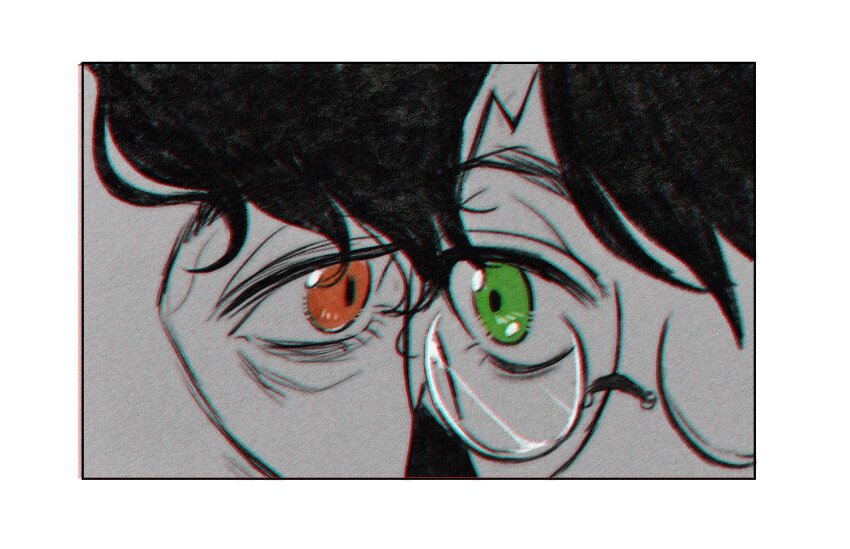 2boys bakabakalii black_hair border glasses green_eyes hair_between_eyes harry_potter harry_potter_(series) lightning_bolt_facial_mark looking_at_another male_focus multiple_boys red_eyes round_eyewear scar scar_on_face scar_on_forehead short_hair spot_color tom_marvolo_riddle wavy_hair white_border wizarding_world