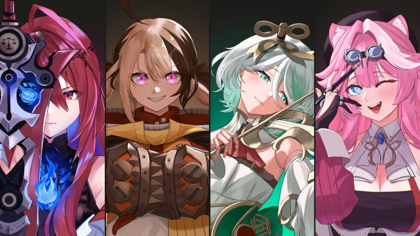 4girls ;d absurdres ahoge animal_ear_fluff animal_ears ascot beret blue_eyes blue_fire blue_hair blush breasts cecilia_immergreen cleavage colored_inner_hair eipanguino elizabeth_rose_bloodflame fangs fire gigi_murin gradient_background greatsword green_eyes green_hair grey_hair hair_intakes hair_ornament hat highres holding_chisel holojustice hololive hololive_english huge_ahoge large_breasts long_hair looking_at_viewer multicolored_hair multiple_girls nail_polish one_eye_closed open_mouth panther_ears panther_girl pink_hair pink_nails raora_panthera red_eyes red_hair serious short_hair smile streaked_hair sword teeth two-tone_hair upper_body very_long_hair virtual_youtuber weapon white_ascot wing_collar