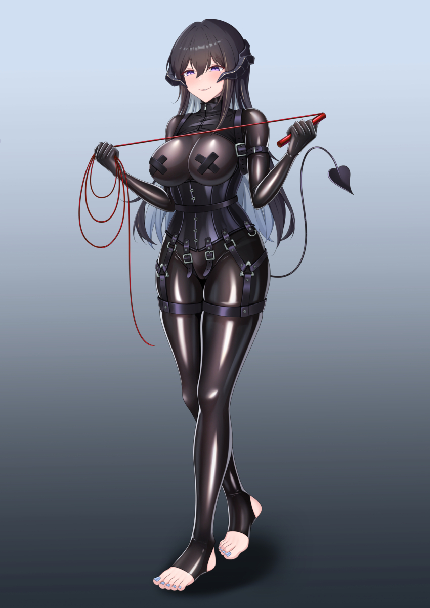 1girl black_bodysuit black_corset black_hair blue_hair bodysuit breasts colored_inner_hair constance_(honkai:_star_rail) corset demon_tail dominatrix full_body gradient_background highres holding holding_whip honkai:_star_rail honkai_(series) horns large_breasts latex latex_bodysuit long_hair multicolored_hair nail_polish pasties purple_eyes see-through see-through_bodysuit shiny_clothes skindentation smile solo standing stirrup_legwear tail tape tape_on_nipples toeless_legwear whip yayu_(user_ykug3338) zipper_pull_tab