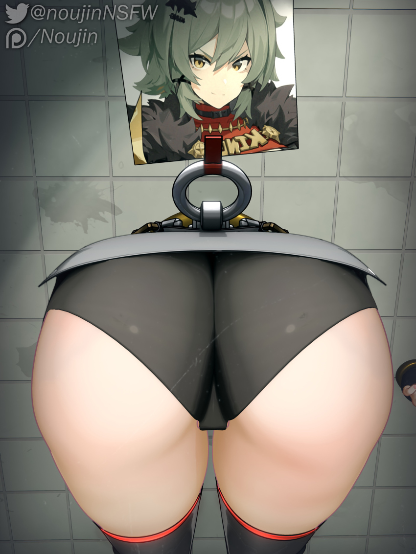 1girl absurdres ass ass_focus caesar_king_(zenless_zone_zero) cameltoe from_behind green_eyes green_hair hair_ornament hairclip highres huge_ass noujin panties photo_(object) short_hair solo thick_thighs thighhighs thighs underwear wall zenless_zone_zero