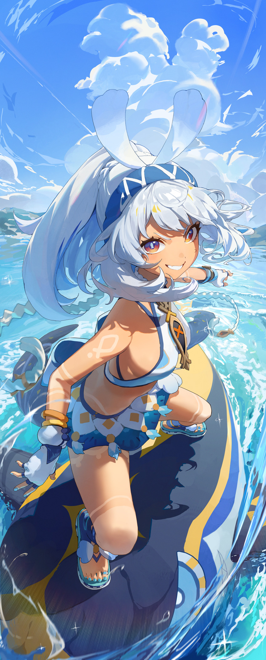 1girl absurdres bare_shoulders bikini blue_bikini blue_hair blue_hairband blue_nails blue_sky braid breasts clenched_teeth cloud cloudy_sky commentary crop_top dark_skin fingerless_gloves fish-shaped_pillow genshin_impact gloves gradient_eyes hairband highres light_blue_hair long_hair looking_at_viewer medium_breasts mualani_(genshin_impact) multicolored_eyes nail_polish ocean orange_eyes outdoors ritae shark sky smile solo surfing swimsuit tan teeth toenail_polish toenails toes twin_braids v-shaped_eyebrows very_long_hair water