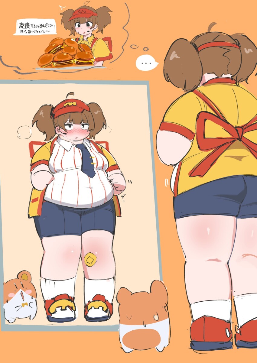 ... 1girl ahoge alternate_body_size back_bow blue_shorts bow breasts brown_hair burger covered_navel double_cheese_(mcdonald&#039;s) fat food full_body hat highres mcdonald&#039;s medium_breasts mirror necktie nimo_(b45ui) orange_background red_footwear red_hat shirt short_sleeves shorts socks speech_bubble spoken_ellipsis striped_clothes striped_shirt thick_arms thick_thighs thighs thought_bubble translation_request vertical-striped_clothes visor_cap white_socks wing_collar yellow_happi