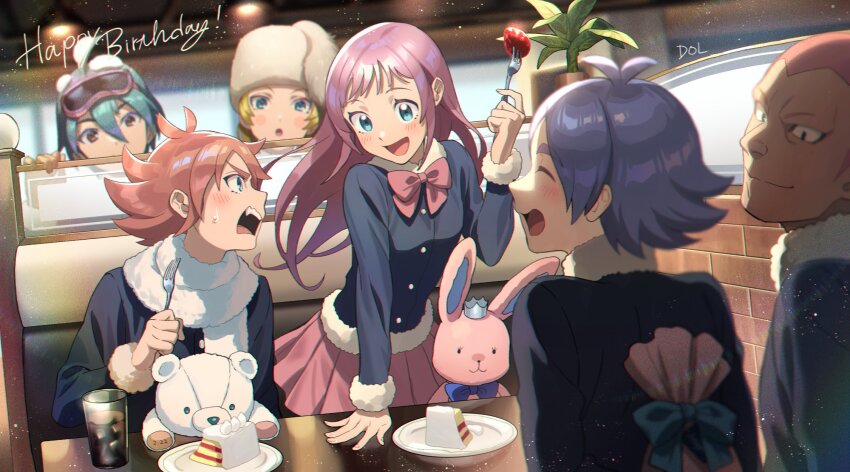 2girls 4boys ahoge birthday birthday_cake blonde_hair blue_jacket bow bowtie cake cola dolustoy food fork fox_hat fruit fubuki_atsuya fubuki_shirou gift glass goggles green_hair grey_hair happy_birthday hat highres holding holding_fork hyoujou_retsuto ice ice_cube inazuma_eleven_(series) inazuma_eleven_ares_no_tenbin jacket long_hair matoro_juka multiple_boys multiple_girls open_mouth orange_hair pink_bow pink_bowtie pink_hair pink_skirt plate scarf shiratoya_nae shirt ski_goggles skirt snow_on_head someoka_ryuugo strawberry stuffed_animal stuffed_rabbit stuffed_toy sweatdrop teddy_bear white_hat white_scarf