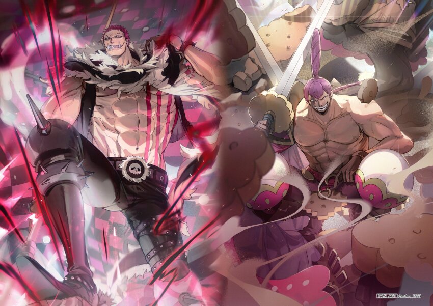 2boys abs charlotte_cracker charlotte_katakuri chest_tattoo cracker evil_grin evil_smile food frown grin highres holding holding_sword holding_weapon large_pectorals looking_at_viewer male_focus multiple_boys muscular muscular_male no-kan one_piece open_clothes pectorals purple_hair sharp_teeth skull smile spiked_anklet squatting sword tattoo teeth topless_male twitter_username weapon