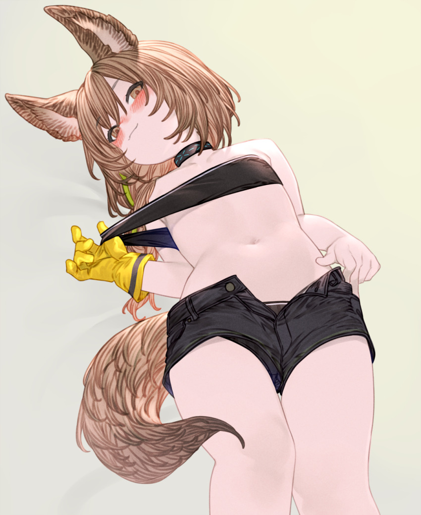 1girl animal_ears arknights beanstalk_(arknights) black_choker black_shorts blush brown_eyes brown_hair choker closed_mouth clothes_pull commentary_request gloves grey_background highres hyena_ears hyena_girl hyena_tail kochiya_(gothope) looking_at_viewer medium_hair navel paid_reward_available pulling_own_clothes shirt_pull shorts simple_background single_glove smile solo strapless tail tube_top yellow_gloves