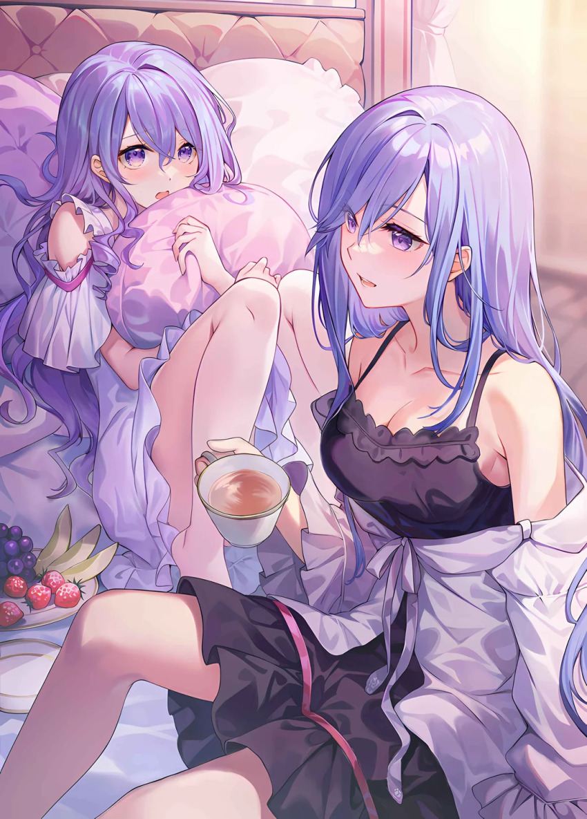 2girls bed breasts christina_beltrum cleavage flora_beltrum hugging_object large_breasts long_hair multiple_girls official_art open_mouth pajamas pillow pillow_grab pillow_hug purple_eyes purple_hair seirei_gensouki