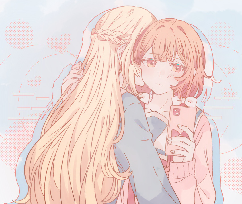 2girls absurdres blonde_hair blue_background blue_shirt blush cellphone closed_mouth commentary fuwa_aya half_up_braid hand_in_another&#039;s_hair heart highres holding holding_phone kiss kissing_cheek kousaka_0v0 long_hair multiple_girls onna_doushi_toka_arienai_desho_to_iiharu_onnanoko_wo_hyakunichikan_de_tetteiteki_ni_otosu_yuri_no_ohanashi pastel_colors phone pink_eyes pink_hair pink_shirt sailor_collar sakakibara_marika school_uniform shirt smartphone upper_body white_sailor_collar yuri