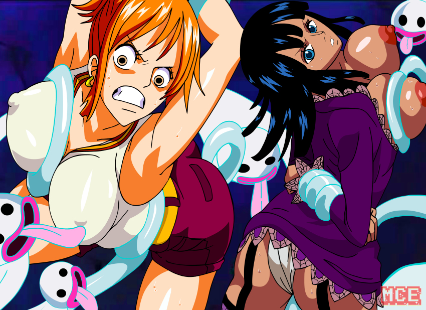 2girls absurdres ahegao artist_request blue_eyes blush breasts clothed_sex dark-skinned_female dark_skin gloves hair_over_one_eye highres large_breasts long_hair multiple_girls nami_(one_piece) nico_robin nico_robin_(thriller_bark) one_piece open_mouth panties penis pubic_hair riding scarf sex spread_legs straddling thriller_bark tongue tongue_out uncensored underwear white_panties