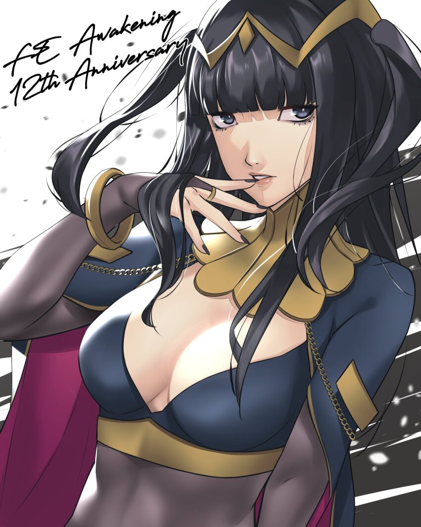 1girl anniversary black_hair black_nails blunt_bangs bodystocking bracelet breasts bridal_gauntlets cape chain circlet copyright_name crop_top fingernails fire_emblem fire_emblem_awakening gold_bracelet gold_chain hand_to_own_mouth hand_up highres jewelry large_breasts long_fingernails long_hair looking_at_viewer lower_eyelashes_only nintendo parody parted_lips plunging_neckline purple_cape soejima_shigenori_(style) solo style_parody tharja_(fire_emblem) two-sided_cape two-sided_fabric two_side_up upper_body wanderstillart white_background