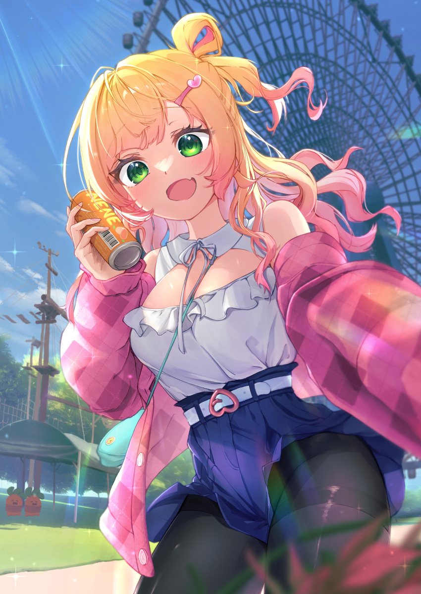 1girl absurdres alternate_costume amakumo517 amusement_park belt black_pantyhose blonde_hair blue_shorts blue_sky blush breasts can cleavage_cutout clothing_cutout commentary cowboy_shot fang ferris_wheel frilled_shirt frills gradient_hair green_eyes hair_ornament hair_rings hairclip heart heart_belt heart_hair_ornament highres holding holding_can hololive jacket large_breasts long_hair looking_at_viewer momosuzu_nene multicolored_hair official_alternate_hairstyle one_side_up open_clothes open_jacket open_mouth outdoors pantyhose pink_hair pink_jacket plaid_clothes plaid_jacket shirt shorts single_hair_ring skin_fang sky sleeveless sleeveless_shirt solo thighband_pantyhose virtual_youtuber white_belt white_shirt