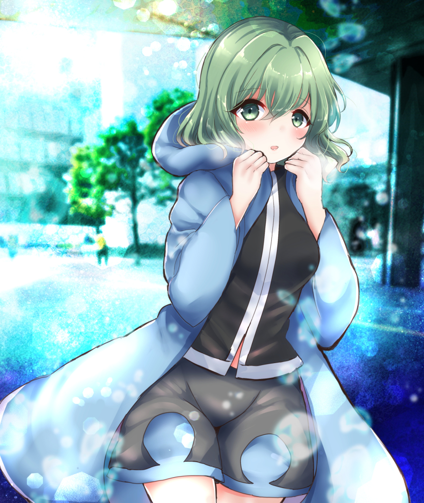 1girl black_shirt blue_coat blue_shorts blush breasts coat commentary_request cowboy_shot genderswap genderswap_(otf) green_eyes hair_between_eyes hands_up highres hood hood_down large_breasts len&#039;en long_sleeves medium_hair open_clothes open_coat open_mouth ougi_hina shirt shitodo_aoji shorts solo