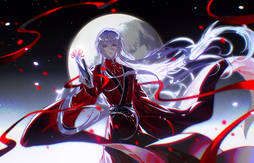 1boy absurdres bishounen cael_anselm chinese_clothes dress flower full_moon grey_hair hanfu highres lens_flare long_hair long_sleeves looking_at_viewer lovebrush_chronicles male_focus moon red_dress solo spider_lily very_long_hair white_hair wide_sleeves cael_anselm zhumojian