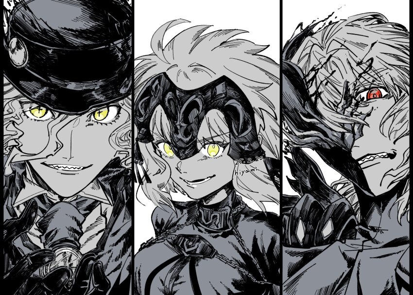 1girl 2boys ahoge antonio_salieri_(fate) antonio_salieri_(first_ascension)_(fate) antonio_salieri_(second_ascension)_(fate) artist_name chain clenched_teeth commentary cross-shaped_pupils dated english_commentary eyes_visible_through_hair fate/grand_order fate_(series) fedora gloves greyscale grin hair_between_eyes hair_intakes hand_up hat headpiece highres hiyamix jeanne_d&#039;arc_alter_(avenger)_(fate) jeanne_d&#039;arc_alter_(fate) looking_at_viewer mask monochrome multiple_boys open_mouth red_eyes sharp_teeth short_hair simple_background smile spot_color symbol-shaped_pupils teeth transformation upper_body yellow_eyes