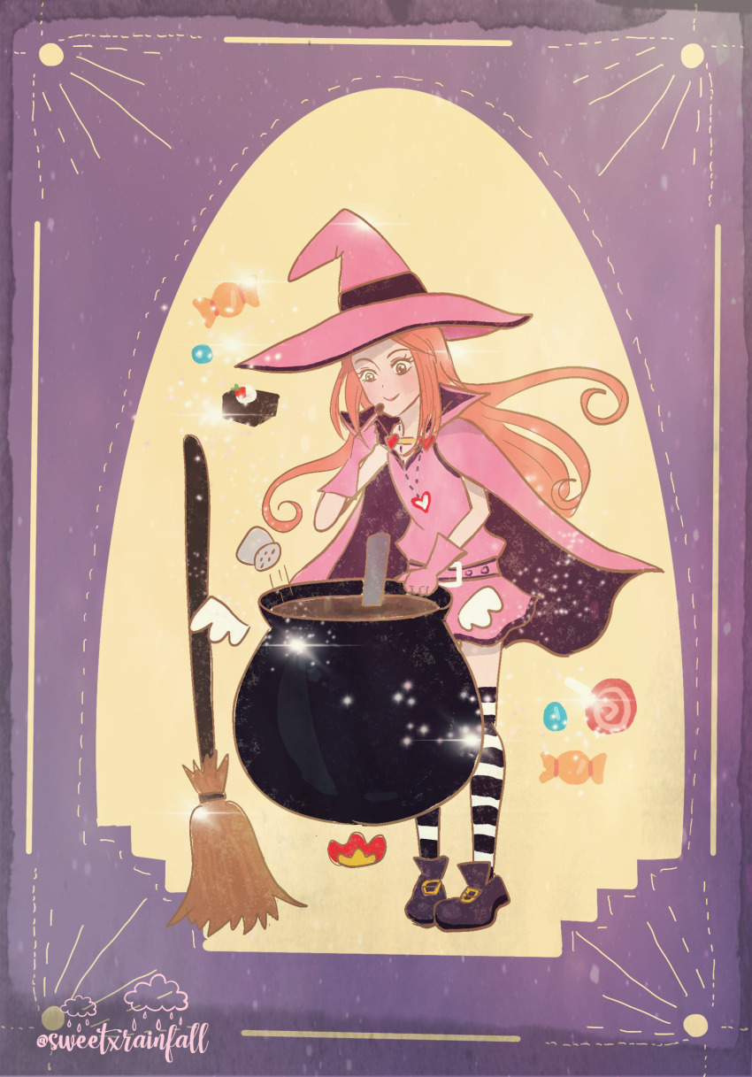 1girl artist_name broom candy cape cauldron chocolat_meilleure commentary dress english_commentary food full_body gloves green_eyes hat heart_pendant highres long_hair orange_hair pink_cape pink_dress pink_gloves pink_hat smile solo striped_clothes striped_thighhighs sugar_sugar_rune sweetxrainfall thighhighs witch witch_hat