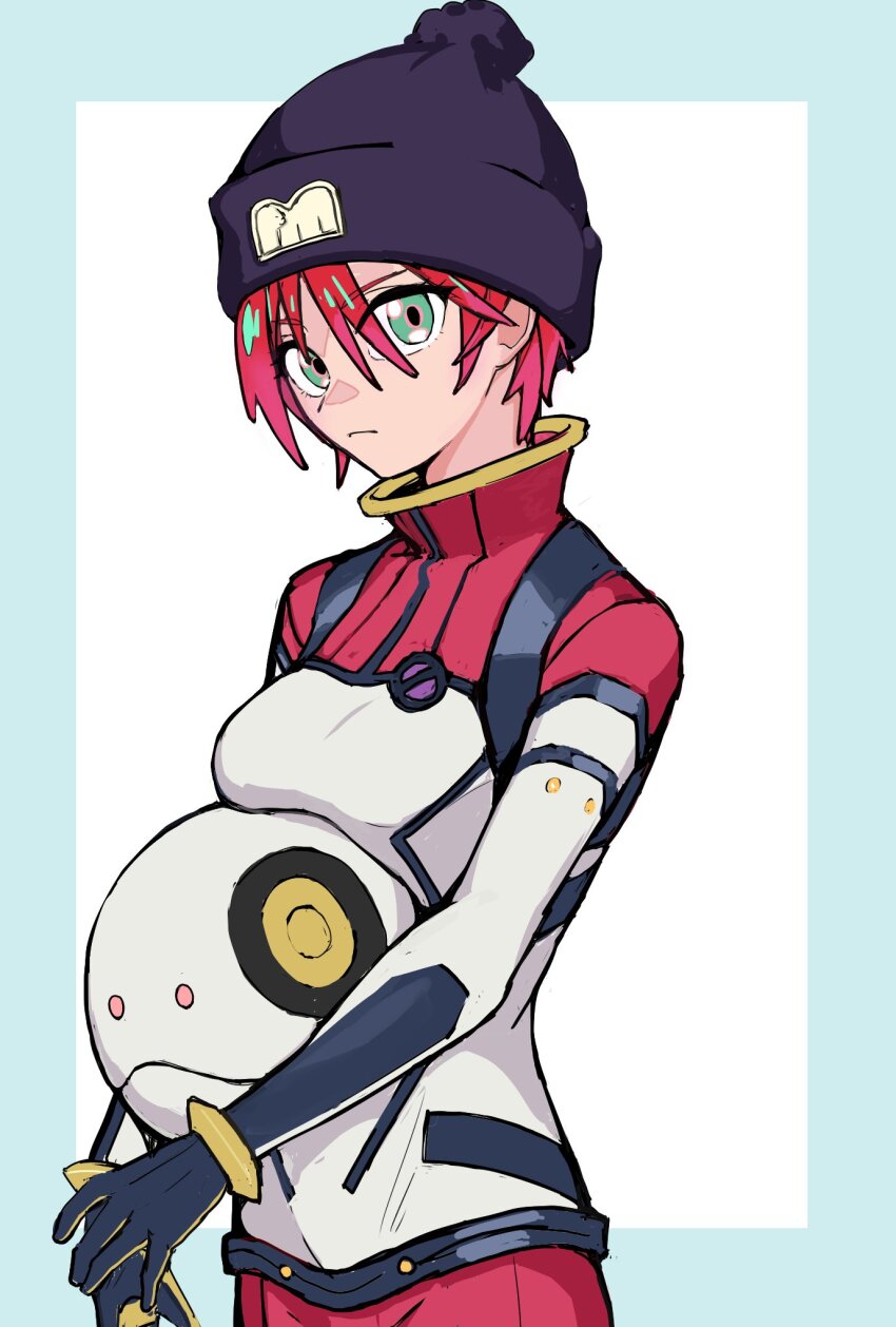 1girl amate_yuzuriha aqua_eyes beanie blue_border border commentary_request cowboy_shot gundam gundam_gquuuuuux haro hat highres hinata_uta_(sube) looking_at_viewer mecha_pilot_suit red_hair short_hair solo two-tone_background white_background