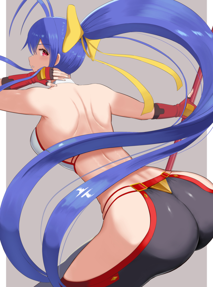 1girl antenna_hair arc_system_works artist_request ass bare_shoulders blazblue blazblue:_central_fiction blue_hair blush bow breasts fingerless_gloves from_behind gloves hair_bow hair_ribbon halterneck large_breasts leaning leaning_forward long_hair looking_at_viewer looking_back mai_natsume outseal pants parted_lips polearm ponytail red_eyes ribbon sideboob solo spear very_long_hair weapon