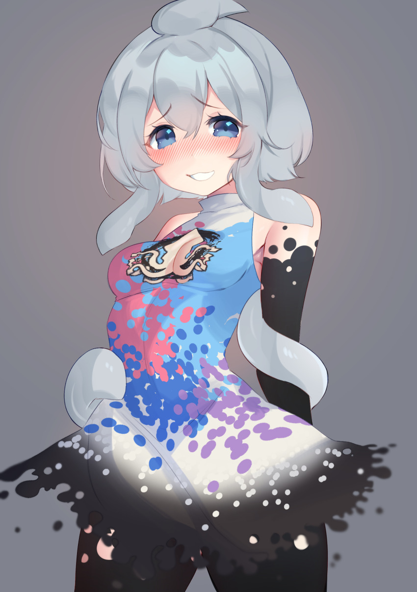 1girl absurdres ahoge bare_shoulders blue_eyes blush bodypaint chumu_(teuthidan) cleavage_cutout clothing_cutout commission commissioner_upload dress grey_hair highres niniidawns original short_hair smile tentacle_hair