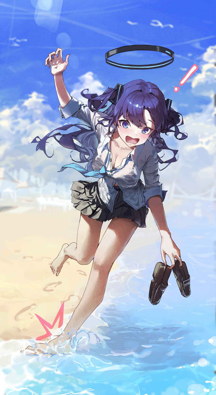 ! 1girl absurdres arm_up barefoot beach black_footwear black_skirt blue_archive blue_eyes blue_hair blue_necktie blue_sky blurry blush bra_visible_through_clothes breasts cleavage cloud commentary_request depth_of_field full_body halo highres holding holding_shoes hone_(hone_art) leaning_forward mechanical_halo medium_breasts necktie ocean open_mouth pleated_skirt see-through_clothes see-through_shirt shirt shoes skirt sky sleeves_rolled_up solo tripping two_side_up wet wet_clothes wet_shirt white_shirt yuuka_(blue_archive)