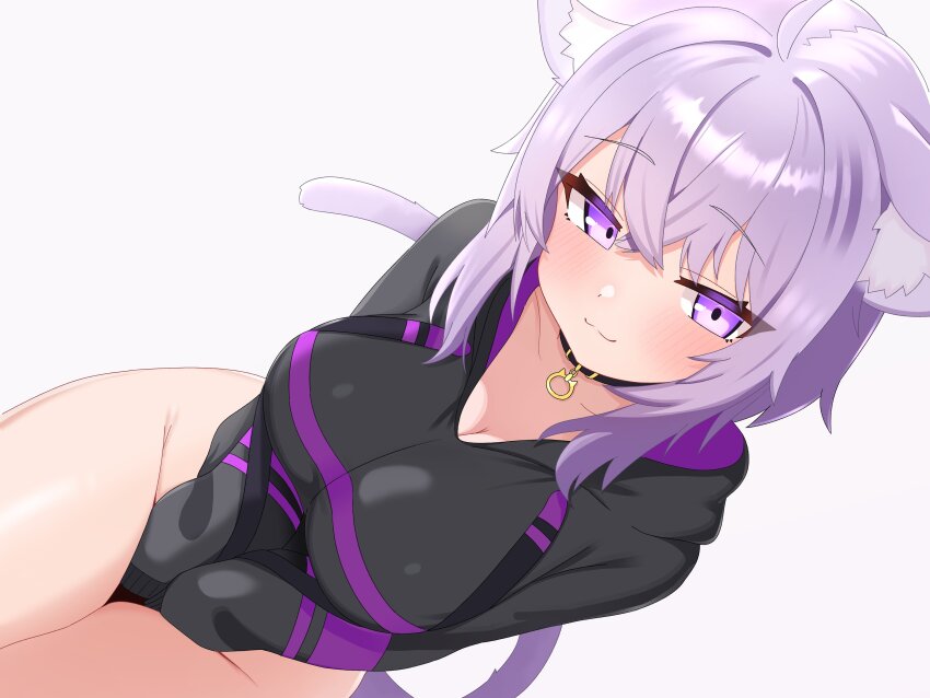 1girl absurdres ahoge animal_ear_fluff animal_ears black_collar black_hoodie blush bottomless breasts cat_ears cat_girl cat_tail cleavage collar highres hololive hood hoodie large_breasts looking_at_viewer mingkozus nekomata_okayu nekomata_okayu_(1st_costume) purple_eyes purple_hair short_hair smile solo tail virtual_youtuber white_background