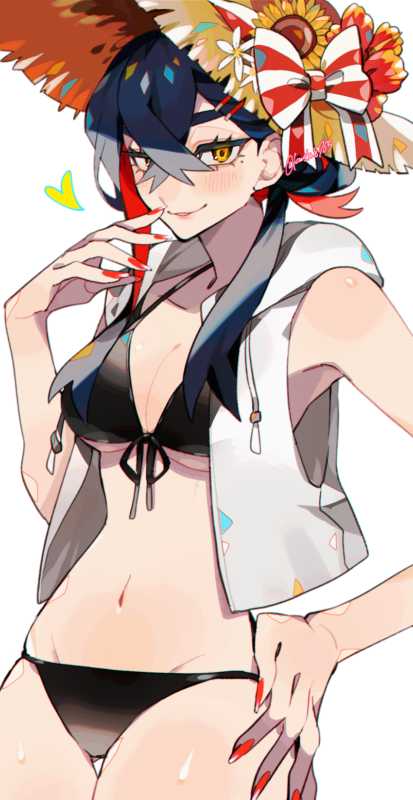 alternate_costume alternate_hairstyle bikini black_bikini black_hair blush breasts carmine_(pokemon) commentary_request creatures_(company) flower front-tie_bikini_top front-tie_top game_freak hand_on_own_hip hat hat_flower hat_ribbon heart highres jacket kawasaki_(kwsk_8765) looking_at_viewer medium_breasts mole mole_under_eye multicolored_hair navel nintendo pokemon pokemon_sv red_hair red_nails ribbon simple_background sleeveless sleeveless_jacket smile straw_hat swimsuit twitter_username two-tone_hair white_background white_jacket yellow_eyes