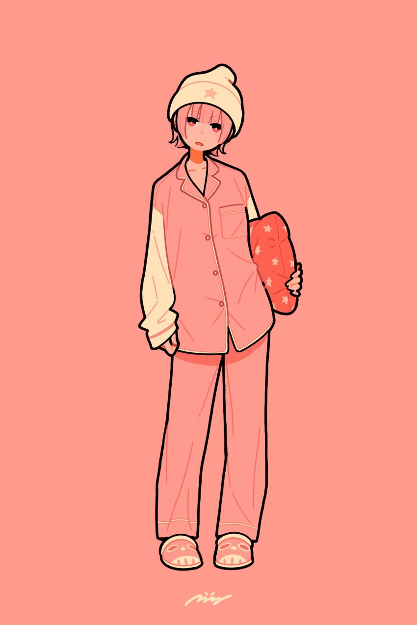 1girl absurdres beanie hat highres holding holding_pillow long_sleeves looking_at_viewer miyoshi_yoshimi original pants pillow pink_background pink_eyes pink_footwear pink_hair pink_pants pink_shirt pink_theme shirt short_hair simple_background sleeves_past_wrists slippers solo white_hat