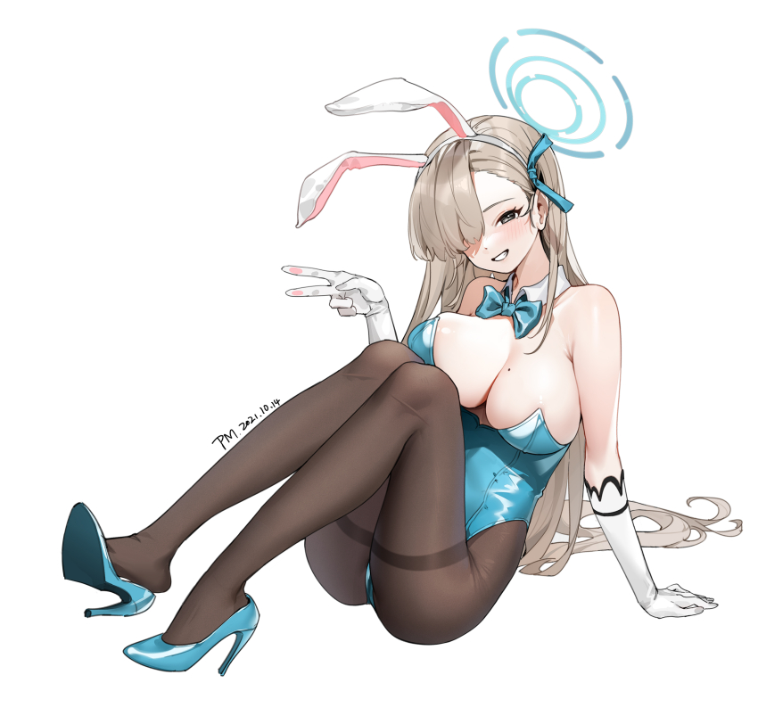 1girl absurdres animal_ears asuna_(blue_archive) asuna_(bunny)_(blue_archive) black_eyes black_pantyhose blue_archive blue_bow blue_bowtie blue_footwear blue_halo blue_leotard bow bowtie breasts chinese_commentary commentary_request dated detached_collar exif_rotation fake_animal_ears full_body gloves grin guangsupaomian hair_over_one_eye halo hand_up high_heels highres knees_up large_breasts leotard light_brown_hair long_hair looking_at_viewer mole mole_on_breast official_alternate_costume one_eye_covered pantyhose playboy_bunny rabbit_ears simple_background sitting smile solo strapless strapless_leotard thighband_pantyhose upside-down v very_long_hair white_background white_gloves