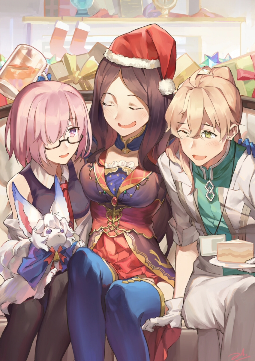 1boy 2girls ahoge bianyuanqishi black-framed_eyewear black_legwear blonde_hair blue_thighhighs breasts brown_eyes cake christmas closed_eyes coat fate/grand_order fate_(series) food fou_(fate) gift glasses gloves hair_over_one_eye hat highres indoors leonardo_da_vinci_(fate) mash_kyrielight medium_breasts multiple_girls necktie on_lap open_mouth pantyhose ponytail purple_eyes purple_hair romani_archaman santa_hat semi-rimless_eyewear short_hair sitting sleeves_rolled_up smile thighhighs under-rim_eyewear white_gloves yellow_eyes