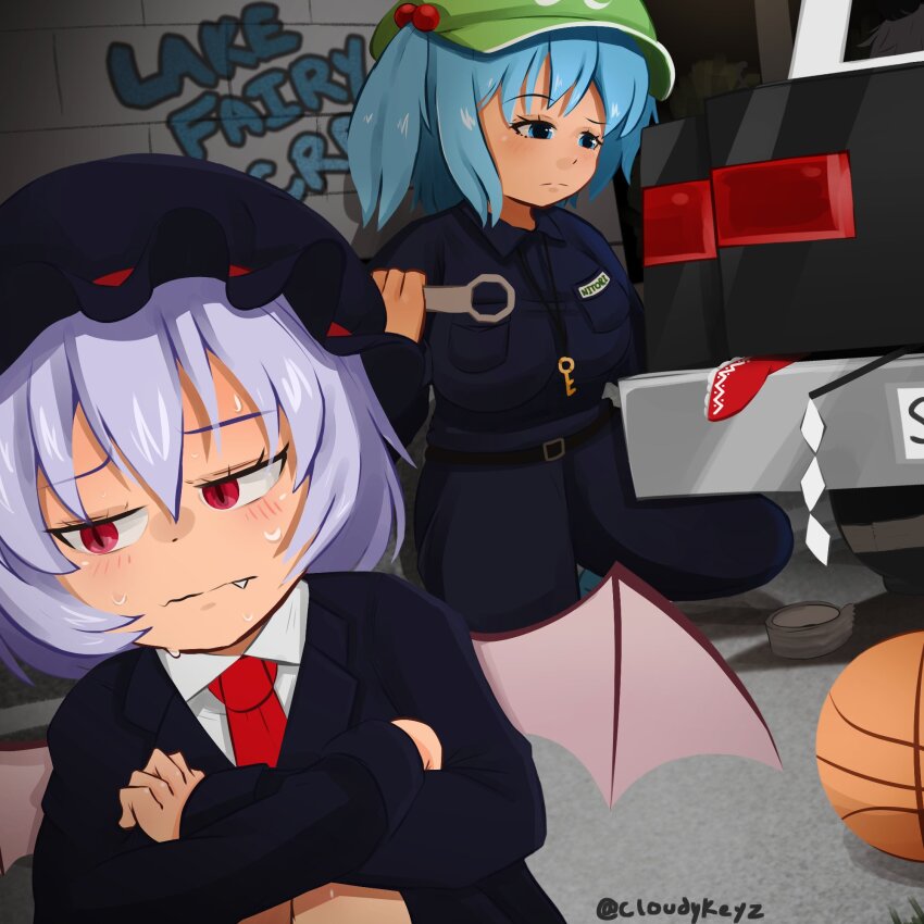 2girls ball basketball_(object) bat_wings blue_eyes blue_hair breasts car cloudykeyz crossed_arms duct_tape fang gohei graffiti green_hat hakurei_reimu halloween_costume hat highres iosys jacket kawashiro_nitori key kneeling large_breasts light_blue_hair light_blush light_frown long_sleeves mechanic mob_cap motor_vehicle multiple_girls name_tag necktie nervous_sweating raised_eyebrow red_eyes red_necktie remilia_scarlet scarlet_police short_hair slit_pupils suit_jacket sweat tools touhou twitter_username watermark wings