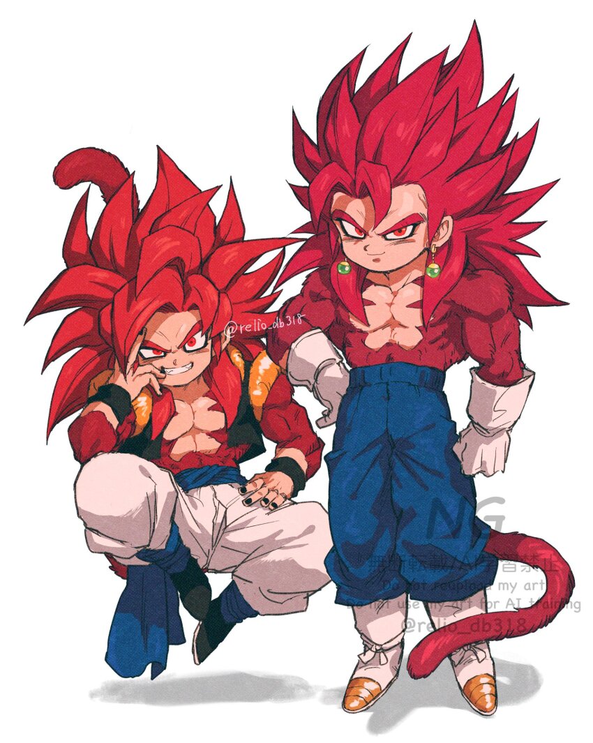 2boys black_vest blue_pants body_fur chibi cropped_vest dragon_ball dragon_ball_daima dragon_ball_gt earrings full_body gogeta grey_background highres jewelry long_hair metamoran_vest monkey_tail multiple_boys no_shirt open_clothes open_vest pants potara_earrings red_eyes red_fur red_hair red_tail relio_db318 simple_background spiked_hair super_saiyan super_saiyan_4 tail topless_male vegetto vest watermark white_pants