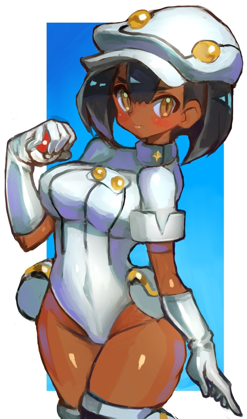 1girl adapted_costume aether_foundation_employee aether_foundation_employee_(female) black_hair blush creatures_(company) dakusuta dark-skinned_female dark_skin female_focus game_freak gloves hat highres leotard navel nintendo pokemon pokemon_sm shiny_skin short_hair skin_tight solo thighhighs thighs white_leotard