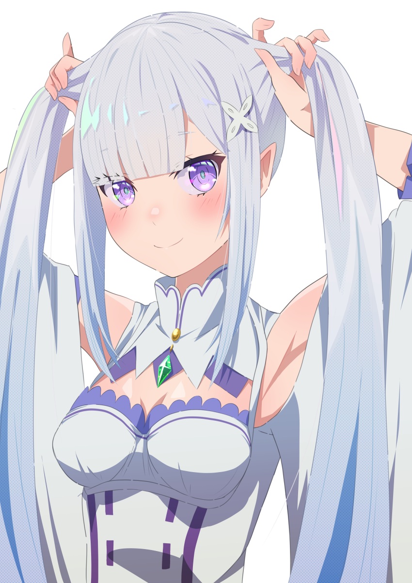 1girl absurdres alternate_hairstyle armpits blush breasts bunching_hair cleavage emilia_(re:zero) highres large_breasts long_hair looking_at_viewer na-suke playing_with_own_hair pointy_ears purple_eyes purple_hair re:zero_kara_hajimeru_isekai_seikatsu smile solo twintails