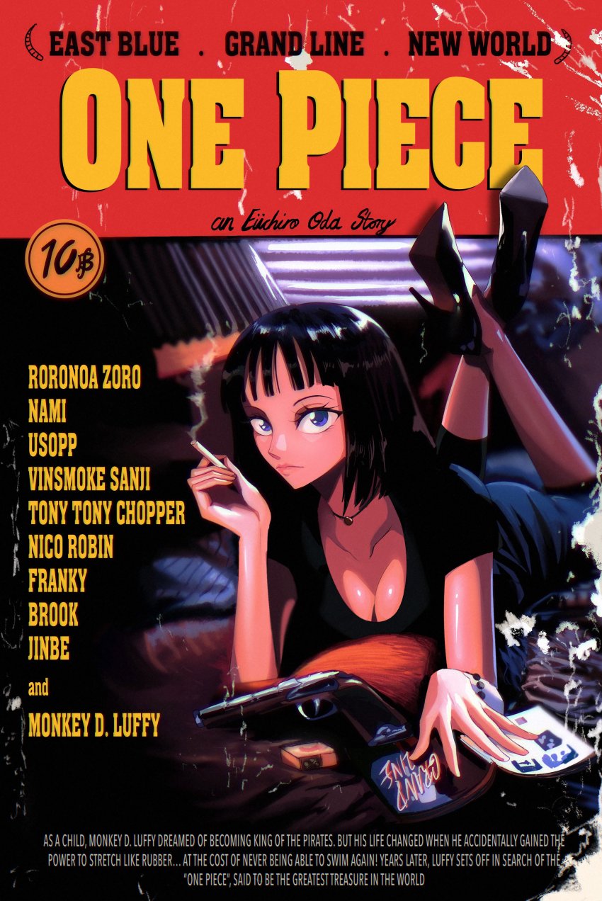 1girl absurdres black_dress black_hair blue_eyes breasts character_name cigarette cleavage commentary commentary_request copyright_name crossed_ankles dress english_commentary english_text eyelashes gun handgun high_heels highres holding holding_cigarette long_hair looking_at_viewer lying movie_poster nico_robin on_stomach one_piece opalis parody pistol pulp_fiction solo weapon