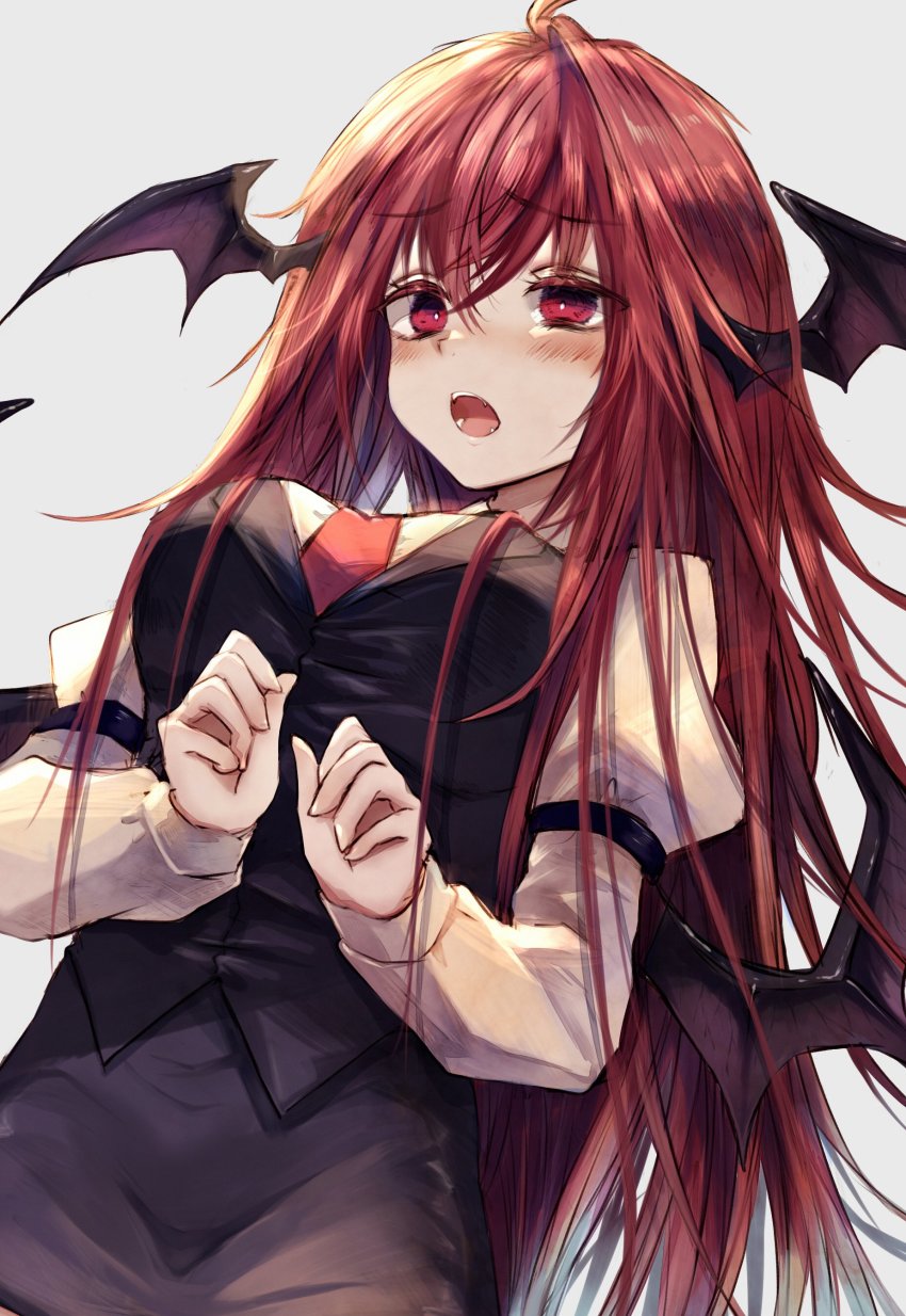 1girl absurdres black_skirt black_vest breasts bright_pupils colored_eyelashes demon_wings grey_background head_wings highres juliet_sleeves koakuma long_hair long_sleeves looking_at_viewer maho_moco medium_breasts necktie open_mouth puffy_sleeves red_eyes red_hair red_necktie simple_background skirt skirt_set solo touhou uneven_eyes vest wings