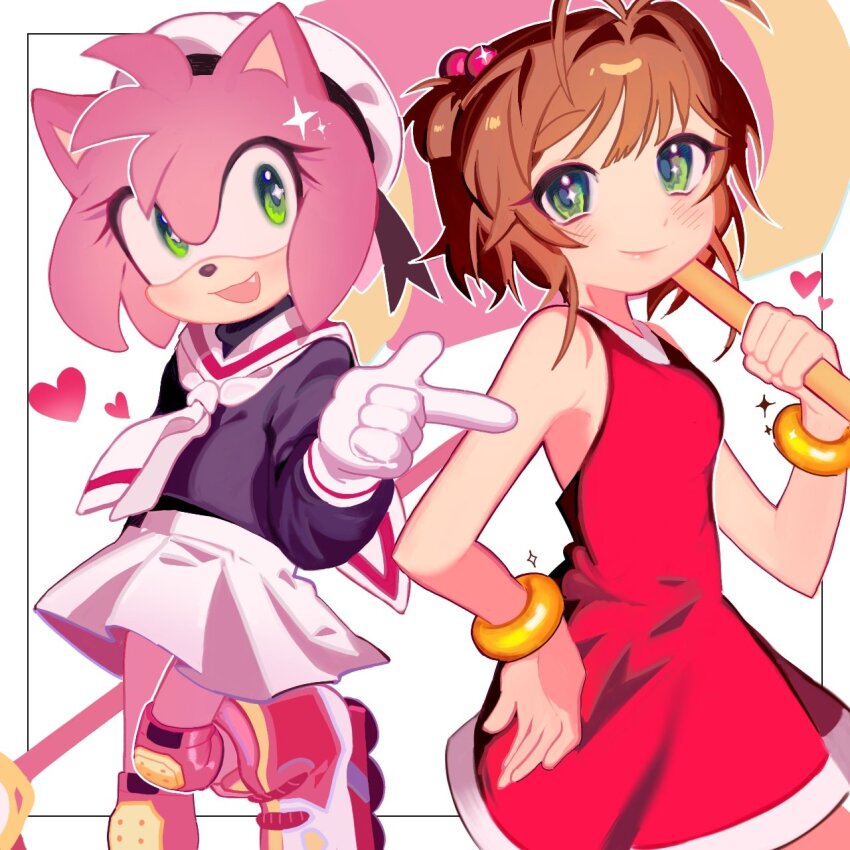 +_+ 2girls amy_rose amy_rose_(cosplay) animal_ears animal_nose antenna_hair bare_shoulders beret black_ribbon black_shirt blush boots bracelet breasts brown_hair cardcaptor_sakura closed_mouth commentary cosplay costume_switch crossover dress english_commentary eyelashes fang furry furry_female gloves gold_bracelet green_eyes hair_between_eyes hair_bobbles hair_ornament hammer hand_up hat hat_ribbon heart hedgehog_girl highres hin_9652 holding holding_hammer holding_wand holding_weapon jewelry kinomoto_sakura kinomoto_sakura_(cosplay) leg_up long_sleeves looking_at_another looking_at_viewer multicolored_footwear multiple_girls necktie open_mouth pink_fur pleated_skirt puffy_long_sleeves puffy_sleeves red_dress red_footwear ribbon sailor_collar shirt short_hair simple_background skirt sleeveless sleeveless_dress small_breasts smile sonic_(series) sparkle standing standing_on_one_leg star_(symbol) toy_hammer two_side_up wand weapon white_background white_footwear white_gloves white_headwear white_necktie white_skirt