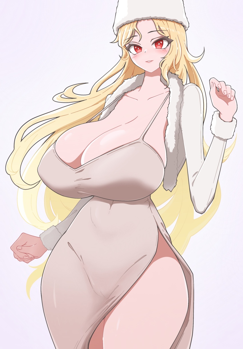 1girl blonde_hair blush breasts cleavage collarbone dress fur-trimmed_headwear fur-trimmed_jacket fur_trim goddess_of_victory:_nikke highres huge_breasts jacket long_hair ludmilla_(nikke) red_eyes simple_background solo wavy_hair white_background white_jacket yoonsun