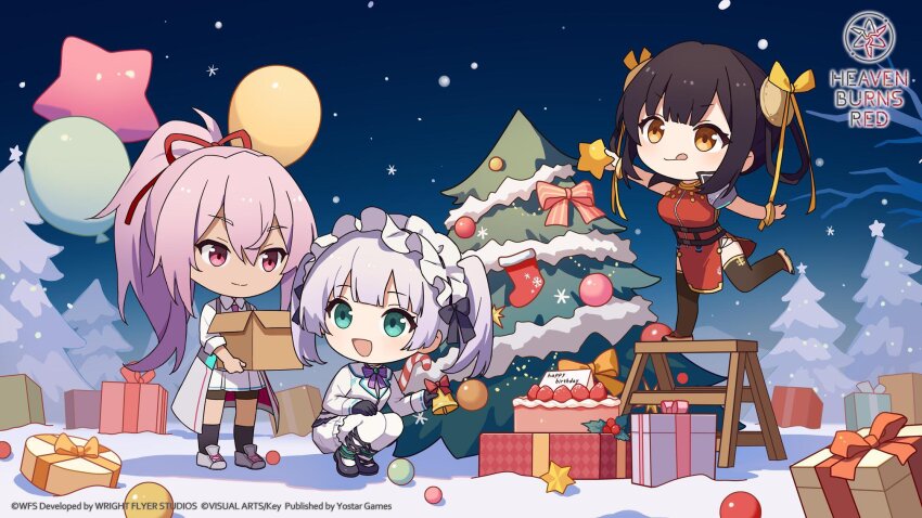 3girls birthday_connection bow box breasts brown_hair chest_harness chibi china_dress chinese_clothes christmas_tree dress frills gift gift_box green_eyes harness heaven_burns_red highres holding large_breasts li_yingxia long_hair multiple_girls necktie official_art pink_hair ponytail red_eyes red_ribbon ribbon shirt sugawara_chie tsukishiro_monaka twintails white_hair white_shirt