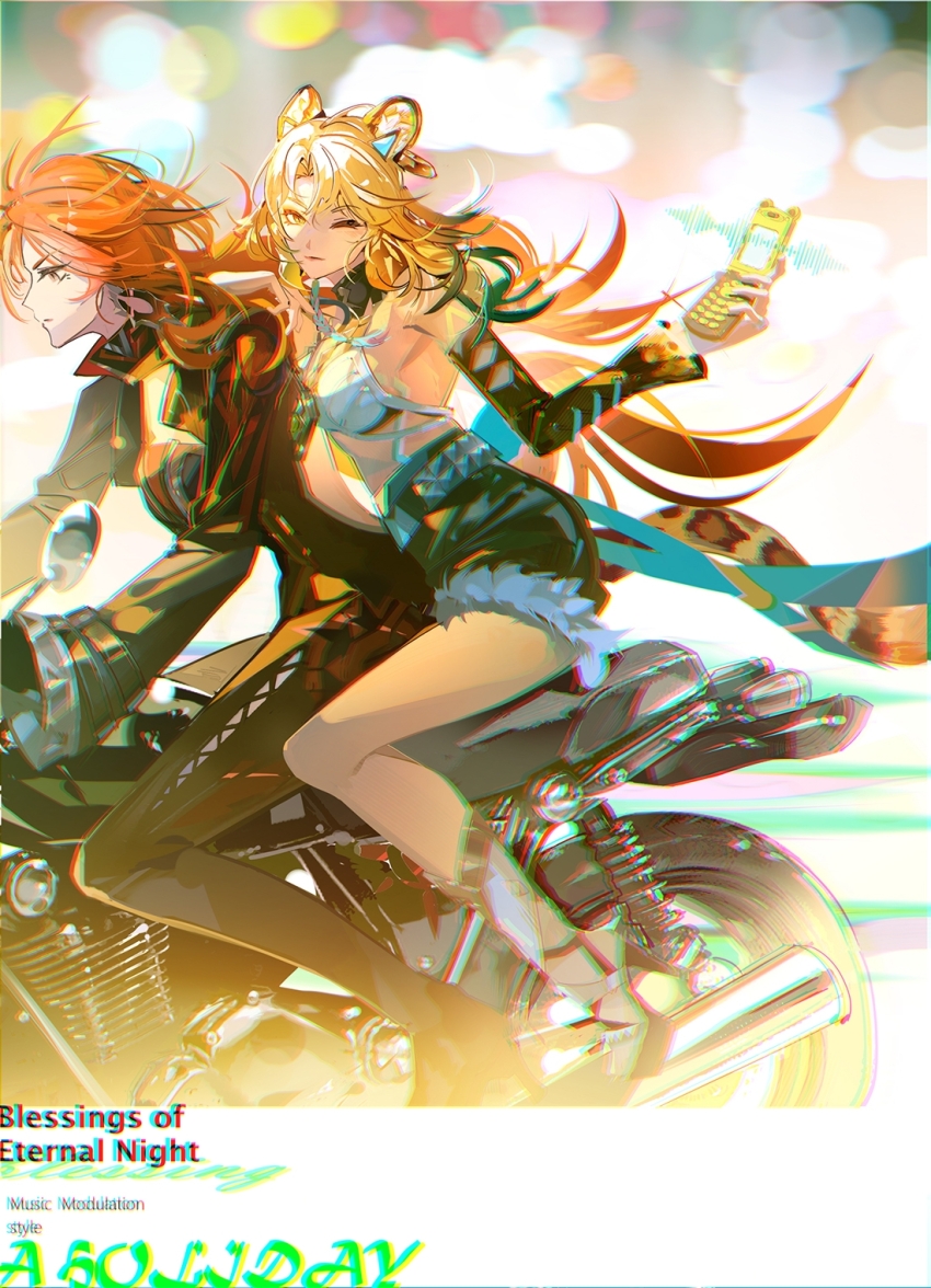 2girls animal_ears back_cutout biker_clothes bikesuit black_bikesuit blonde_hair blurry blurry_background bodysuit breasts cellphone closed_mouth clothing_cutout commentary_request cutoffs flip_phone from_side genshin_impact green_eyes haltootoo high-waist_shorts highres holding holding_phone jaguar_ears jaguar_girl jaguar_tail large_breasts long_hair looking_at_viewer mavuika_(genshin_impact) motor_vehicle motorcycle multiple_girls multiple_riders on_motorcycle one_eye_closed orange_eyes orange_hair orange_pupils phone red_hair riding shorts strapless_bodysuit sun_earrings tail very_long_hair wheel wide_sleeves xilonen_(genshin_impact)