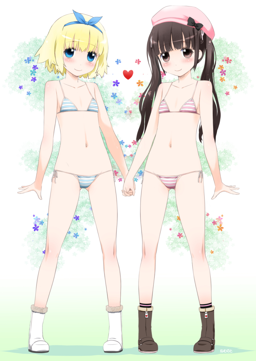 2girls ankle_socks artist_name beret bikini blonde_hair blue_eyes blue_hairband blunt_bangs blush boots bow brown_eyes brown_hair collarbone flat_chest full_body gradient_background hair_ornament hairband hat hat_bow highres long_hair looking_at_viewer multiple_girls navel noto_(soranoto) original short_hair sidelocks simple_background smile socks standing striped_bikini striped_clothes swimsuit twintails