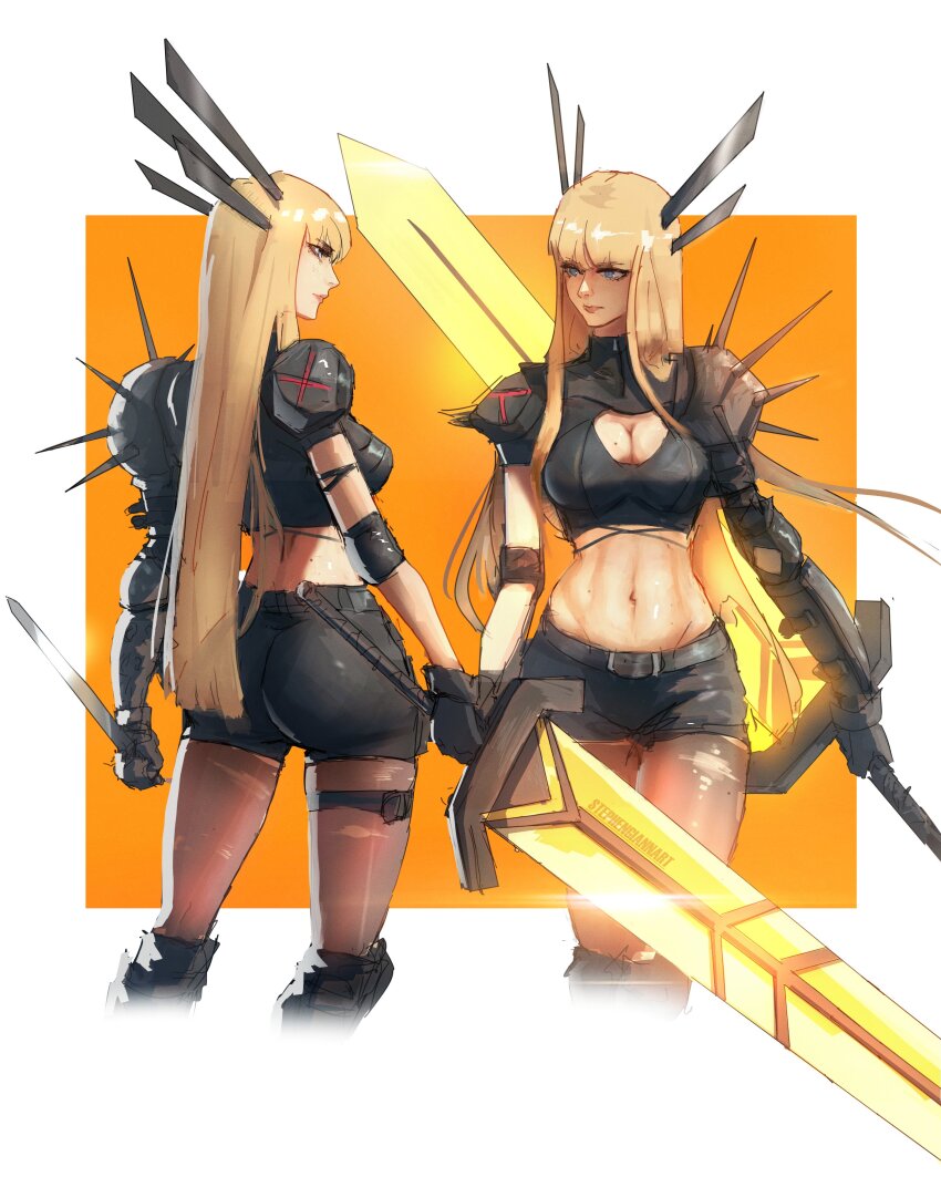 1girl absurdres armor ass black_gloves blonde_hair blue_eyes breasts cleavage cleavage_cutout clothing_cutout crop_top elbow_spikes gloves highres holding holding_sword holding_weapon huge_weapon illyana_rasputina long_hair magik_(x-men) marvel marvel_rivals navel short_shorts shorts solo spiked_pauldrons stephengiannart sword thighhighs weapon x-men