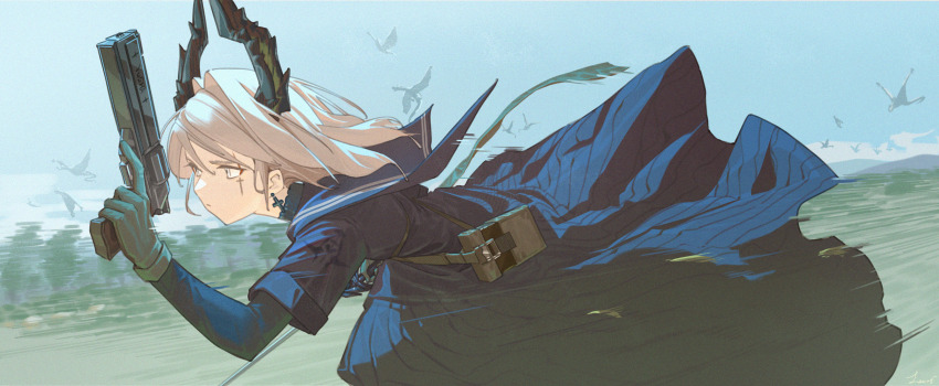 1girl arknights asymmetrical_dual_wielding blue_sky chinese_commentary commentary_request cross cross_earrings cross_scar dragon dress dual_wielding earrings gloves grey_eyes gun hair_intakes handgun head_wings highres holding holding_gun holding_sword holding_weapon irene_(arknights) irene_(the_adjudicatrix_and_her_resolve)_(arknights) jewelry lanzi_(415460661) long_sleeves pouch running scar scar_across_eye scar_on_face shirt signature sky solo speed_lines sword turtleneck turtleneck_shirt weapon white_hair wings