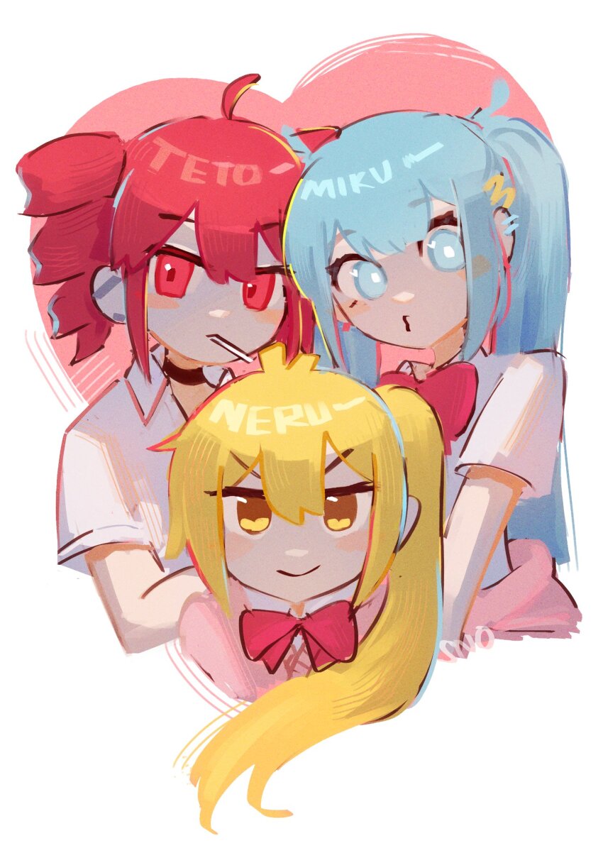 3girls ahoge akita_neru alurisnow aqua_hair blonde_hair bow cardigan drill_hair hatsune_miku highres kasane_teto long_hair looking_at_viewer multiple_girls pink_cardigan red_bow red_hair school_uniform side_ponytail simple_background triple_ryuunen twin_drills twintails utau vocaloid white_background zako_(vocaloid)