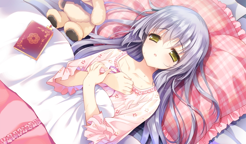 1girl bed blush collarbone game_cg hayakawa_harui highres light_purple_hair long_hair shoujo_shin&#039;iki_shoujo_tengoku takagi_sana yellow_eyes